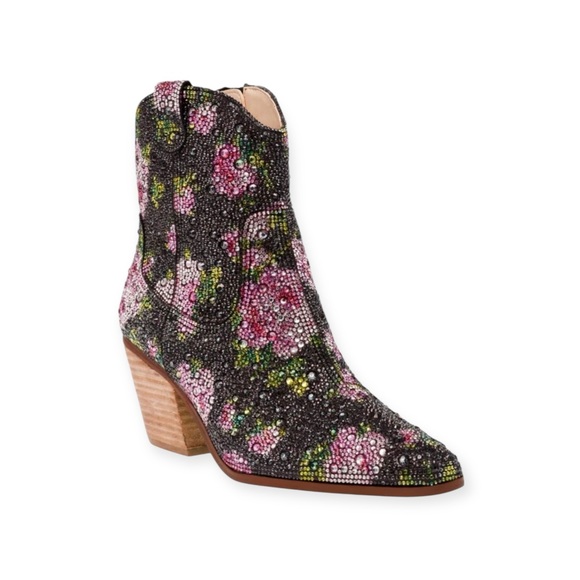 new Betsey Johnson ✿ Diva Crystal Floral Chelsea Ankle Cowboy Boot ✿ Black 8.5M - Picture 2 of 16